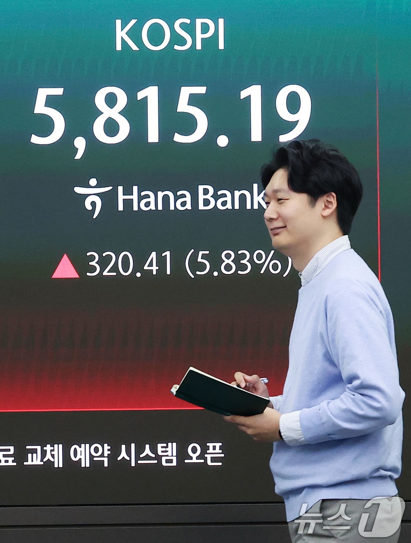 (서울=뉴스1) 김성진 기자 = 미국과 이란의 2주간 휴전에 매수 사이드카가 발동한 8일 오전 서울 중구 하나은행 본점 딜링룸에 개장 시황이 나오고 있다.이날 코스피는 8일 오전 …