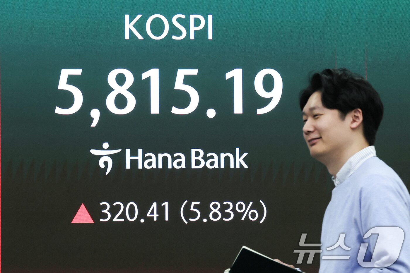 본문 이미지 - 도널드 트럼프 미국 대통령이 이란에 대한 공격을 2주간 중단한다고 밝힌 8일 오전 서울 중구 하나은행 딜링룸 전광판에 코스피 지수가 표시되고 있다.  2026.4.8 ⓒ 뉴스1 임지훈 인턴기자