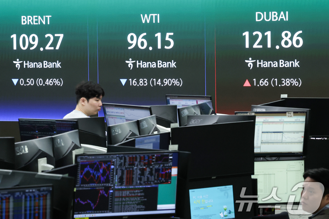 (서울=뉴스1) 임지훈 인턴기자 = 도널드 트럼프 미국 대통령이 이란에 대한 공격을 2주간 중단한다고 밝힌 8일 오전 서울 중구 하나은행 딜링룸 전광판에 서부텍사스원유(WTI), …