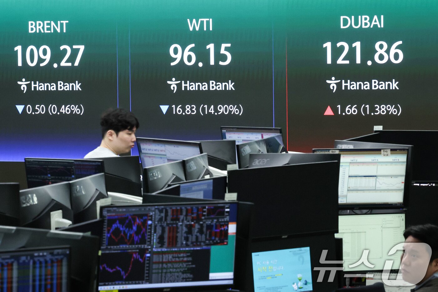 본문 이미지 - 도널드 트럼프 미국 대통령이 이란에 대한 공격을 2주간 중단한다고 밝힌 8일 오전 서울 중구 하나은행 딜링룸 전광판에 서부텍사스원유(WTI), 브렌트유, 두바이유 선물 가격이 나오고 있다. 2026.4.8 ⓒ 뉴스1 임지훈 인턴기자