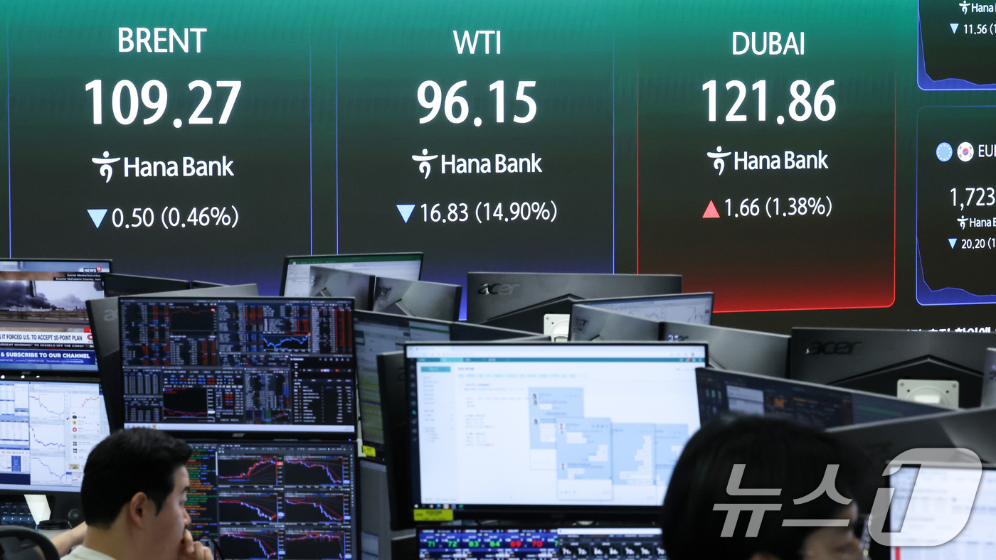 (서울=뉴스1) 임지훈 인턴기자 = 도널드 트럼프 미국 대통령이 이란에 대한 공격을 2주간 중단한다고 밝힌 8일 오전 서울 중구 하나은행 딜링룸 전광판에 서부텍사스원유(WTI), …