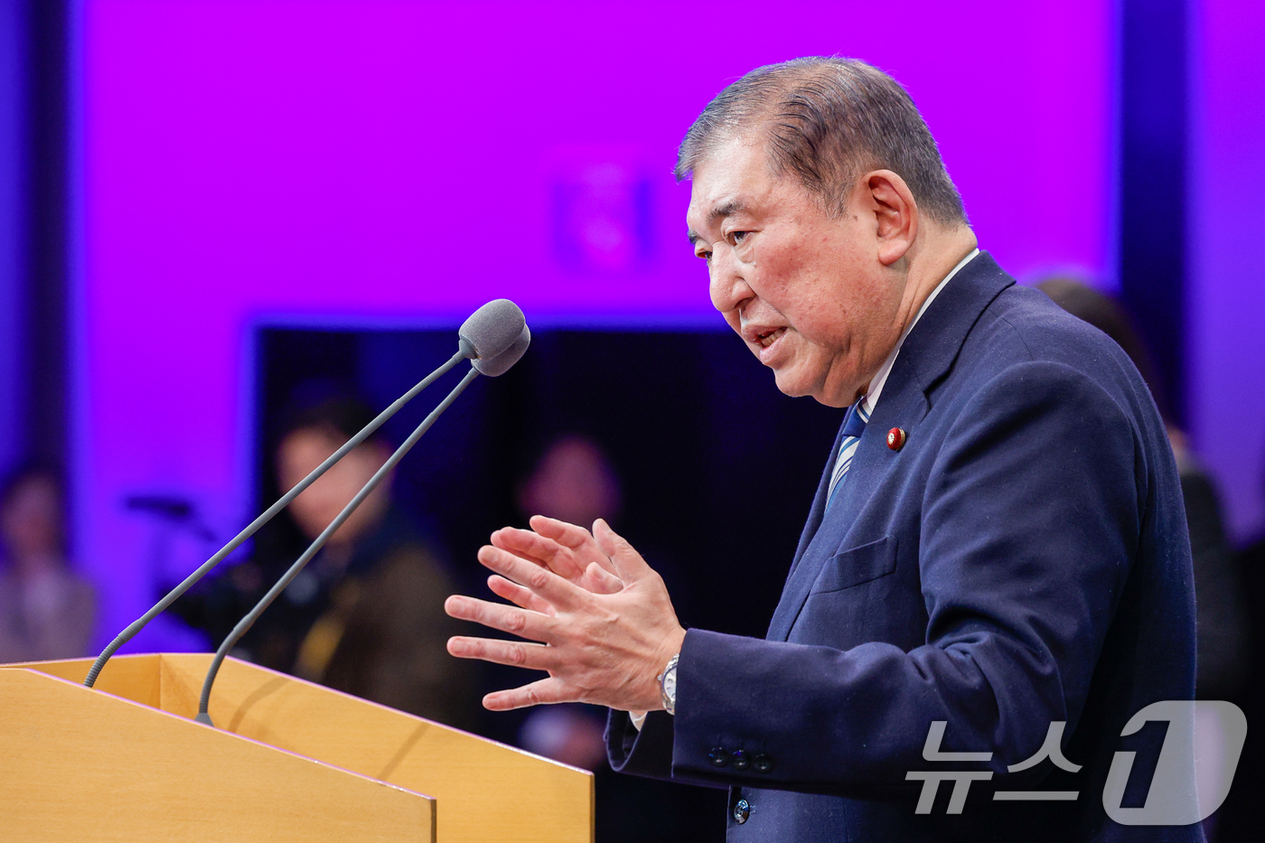 (서울=뉴스1) 안은나 기자 = 이시바 시게루 전 일본 총리가 8일 오전 서울 용산구 그랜드 하얏트에서 아산 플래넘(Asan Plenum) 2026 개회식 기조연설을 마친 뒤 참석 …