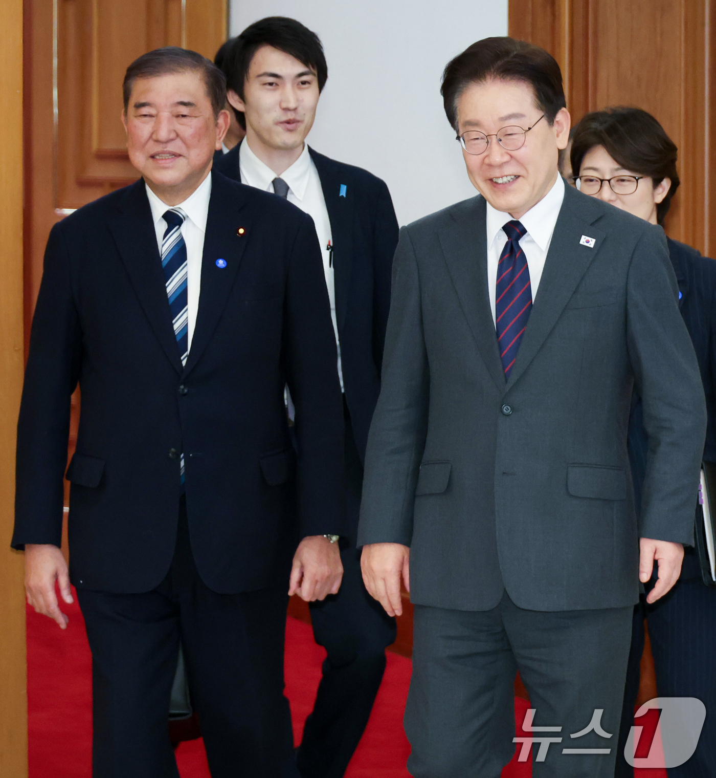 (서울=뉴스1) 허경 기자 = 이재명 대통령이 8일 청와대에서 이시바 시게루 전 일본 총리를 접견하고 있다. 2026.4.8/뉴스1