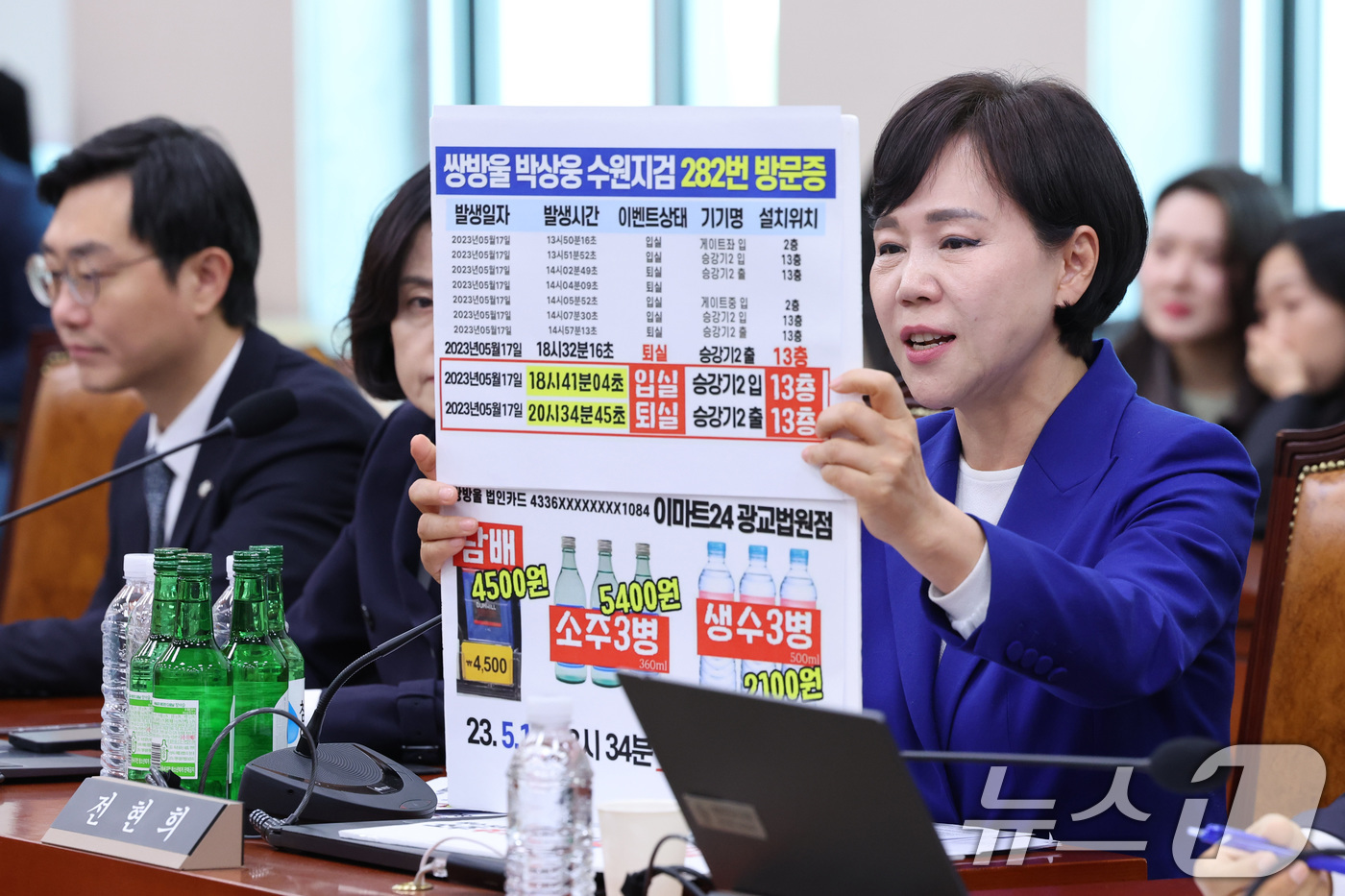 (서울=뉴스1) 신웅수 기자 = 전현희 더불어민주당 의원이 8일 서울 여의도 국회에서 열린 법제사법위원회 전체회의에서 박상용 검사의 연어 술파티 의혹과 관련해 소주를 놓고 발언하고 …