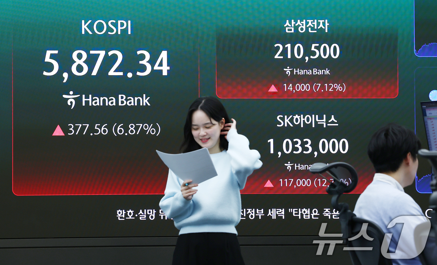 (서울=뉴스1) 김민지 기자 = 미국과 이란의 2주간 휴전 소식에 코스피가 상승 마감한 8일 오후 서울 중구 하나은행 본점 딜링룸 전광판에 삼성전자와 SK하이닉스 종가가 나오고 있 …
