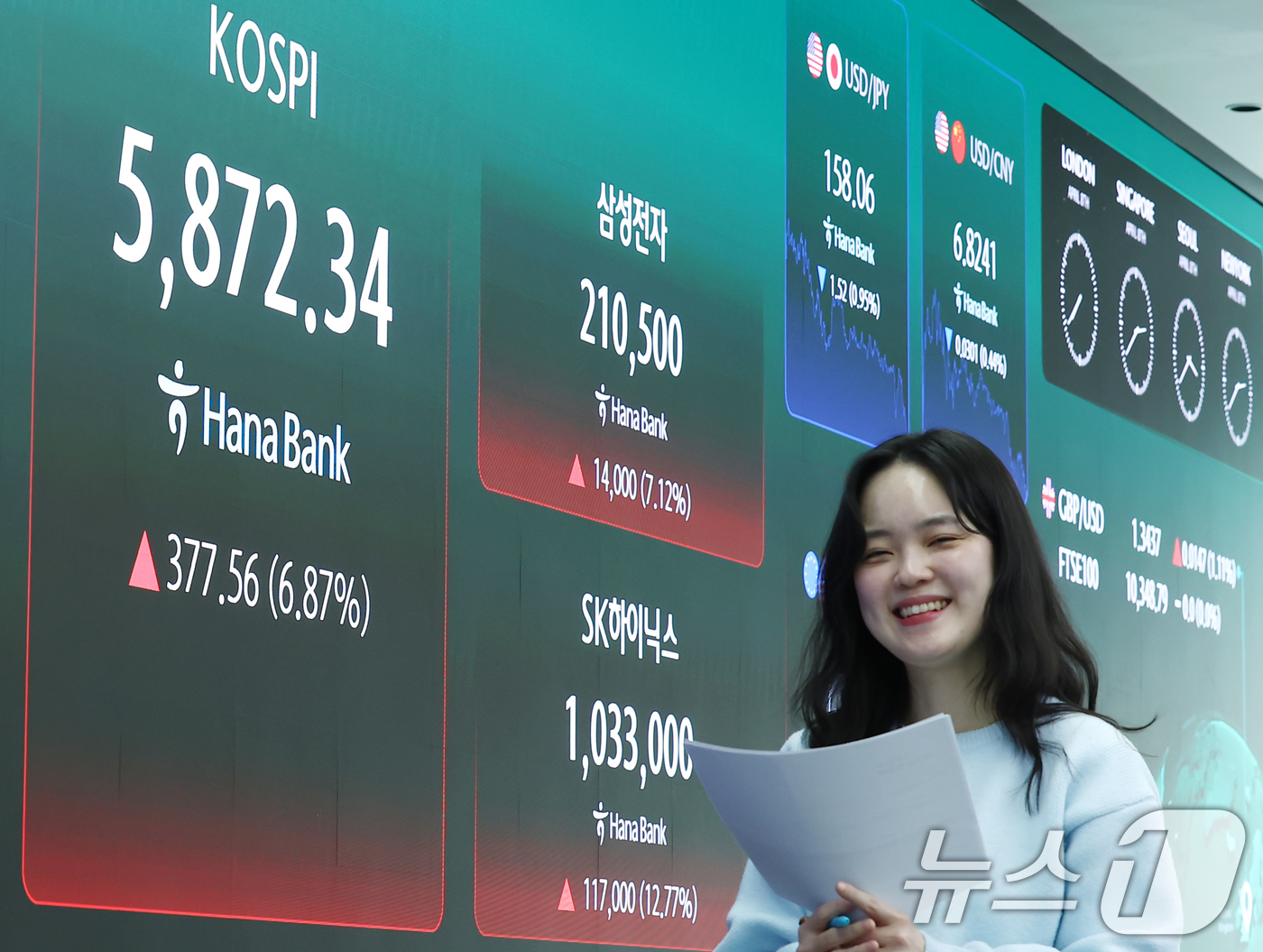 (서울=뉴스1) 김민지 기자 = 미국과 이란의 2주간 휴전 소식에 코스피가 상승 마감한 8일 오후 서울 중구 하나은행 본점 딜링룸 전광판에 삼성전자와 SK하이닉스 종가가 나오고 있 …