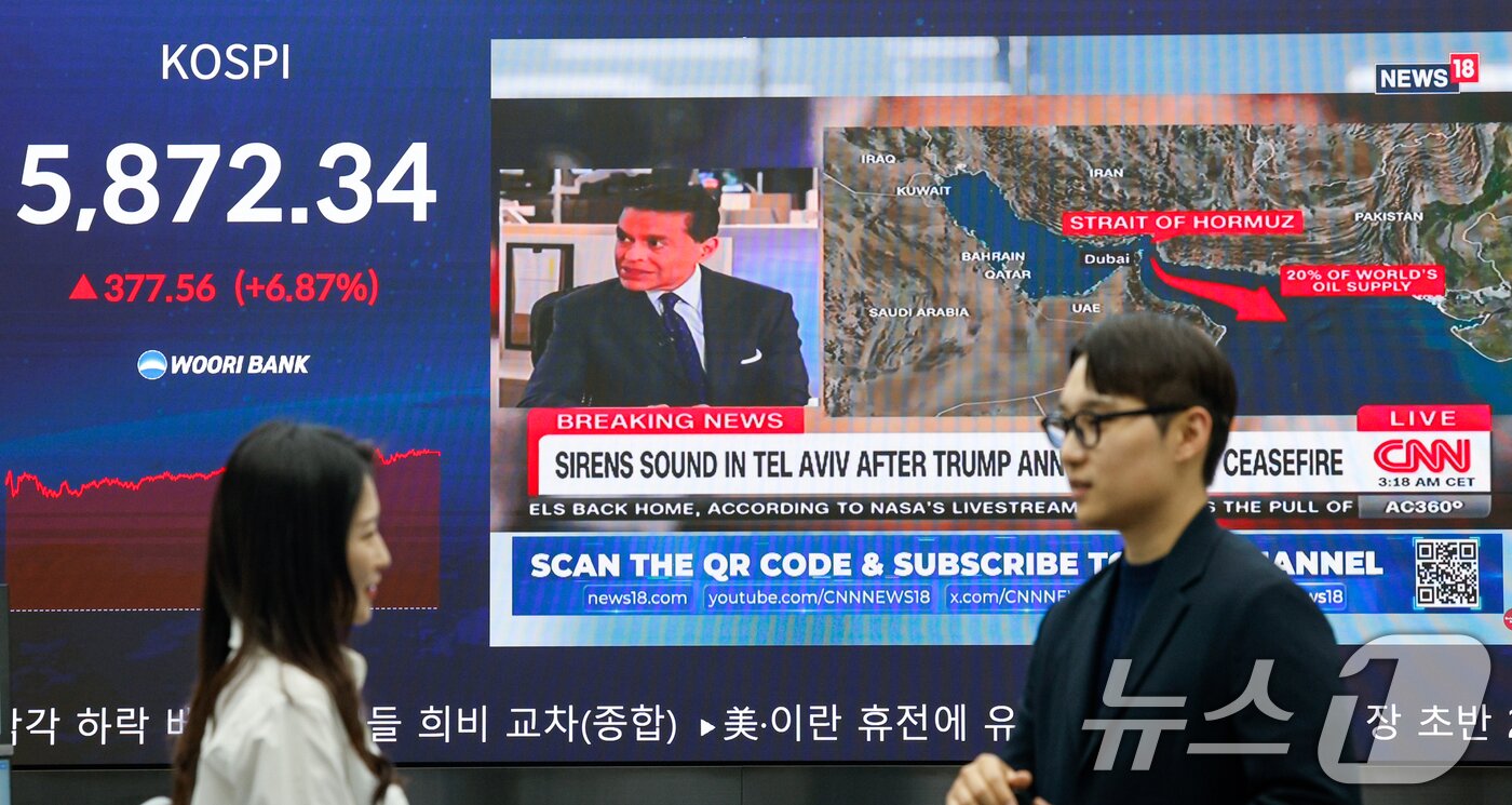 본문 이미지 - 미국과 이란이 2주간 휴전에 합의하면서 코스피 지수가 7% 가까이 상승 마감한 8일 오후 서울 중구 우리은행 본점 딜링룸에 종가와 휴전 관련 뉴스가 나오고 있다.  2026.4.8 ⓒ 뉴스1 안은나 기자