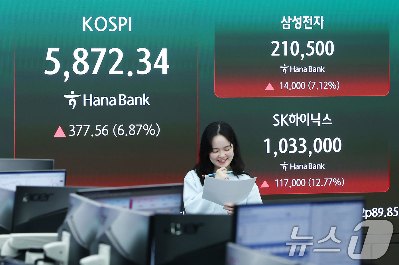 (서울=뉴스1) 김민지 기자 = 미국과 이란의 2주간 휴전 소식에 코스피가 상승 마감한 8일 오후 서울 중구 하나은행 본점 딜링룸 전광판에 종가가 나오고 있다.이날 코스피는 전 거 …