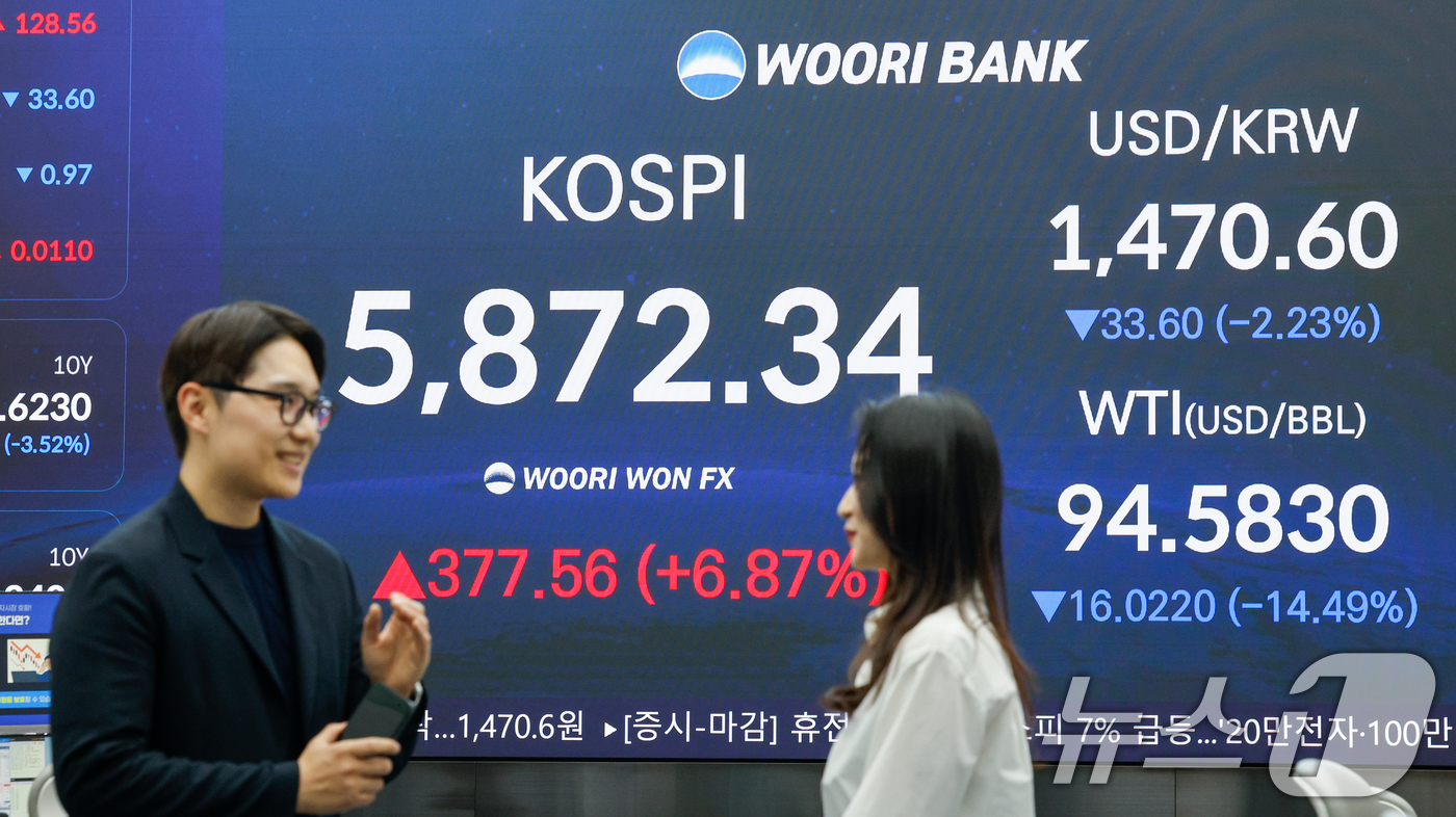 (서울=뉴스1) 안은나 기자 = 미국과 이란이 2주간 휴전에 합의하면서 코스피 지수가 7% 가까이 상승 마감한 8일 오후 서울 중구 우리은행 본점 딜링룸에 코스피, 환율, 서부텍사 …