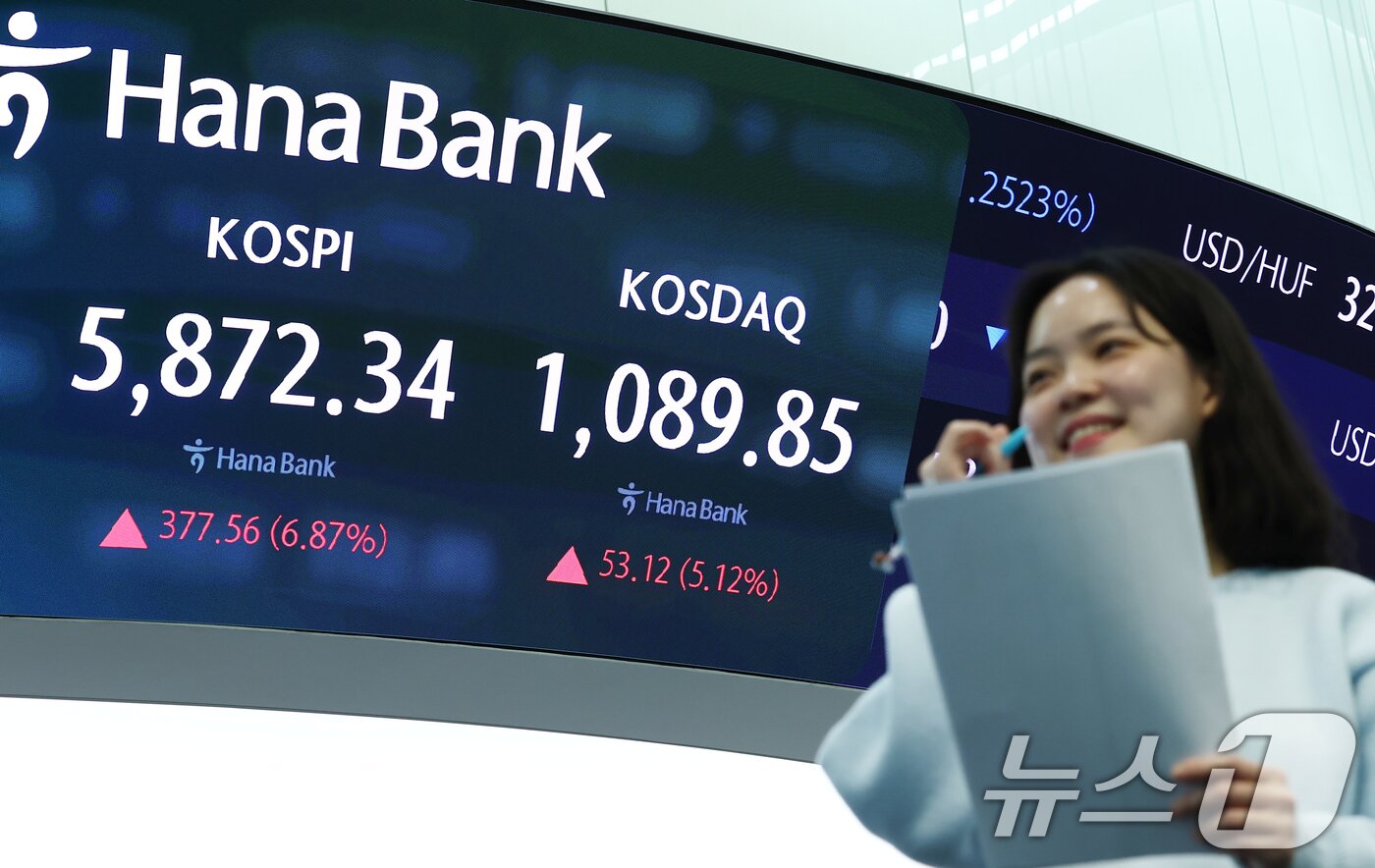 본문 이미지 - 미국과 이란의 2주간 휴전 소식에 코스피가 상승 마감한 8일 오후 서울 중구 하나은행 본점 딜링룸 전광판에 종가가 나오고 있다.  2026.4.8 ⓒ 뉴스1 김민지 기자