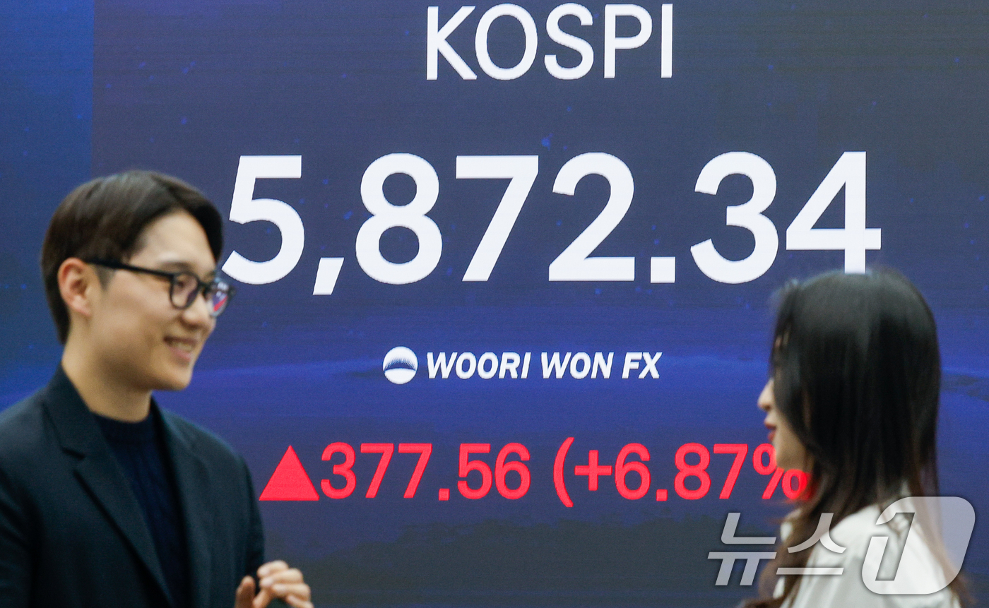 (서울=뉴스1) 안은나 기자 = 미국과 이란이 2주간 휴전에 합의하면서 코스피 지수가 7% 가까이 상승 마감한 8일 오후 서울 중구 우리은행 본점 딜링룸에 코스피 종가가 나오고 있 …