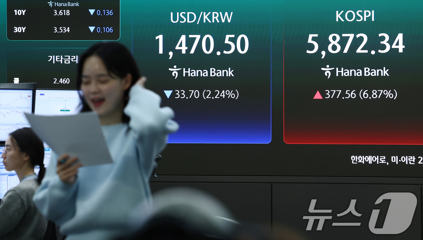 (서울=뉴스1) 김민지 기자 = 미국과 이란의 2주간 휴전 소식에 코스피가 상승 마감한 8일 오후 서울 중구 하나은행 본점 딜링룸 전광판에 원달러 환율 시세가 나오고 있다.이날 코 …