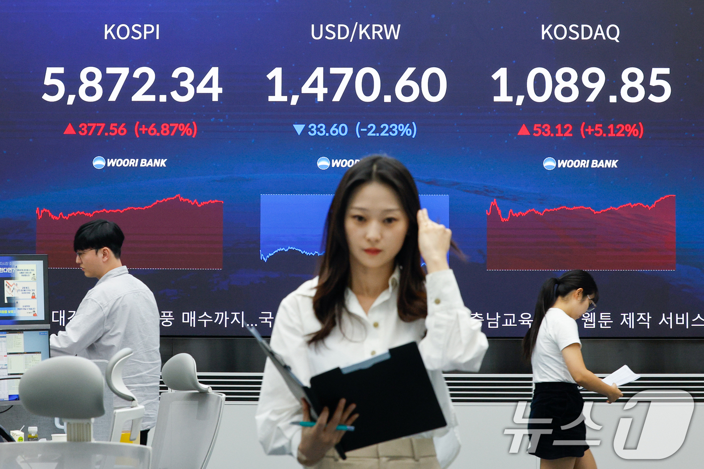 (서울=뉴스1) 안은나 기자 = 미국과 이란이 2주간 휴전에 합의하면서 코스피 지수가 7% 가까이 상승 마감한 8일 오후 서울 중구 우리은행 본점 딜링룸에 종가가 나오고 있다.이날 …