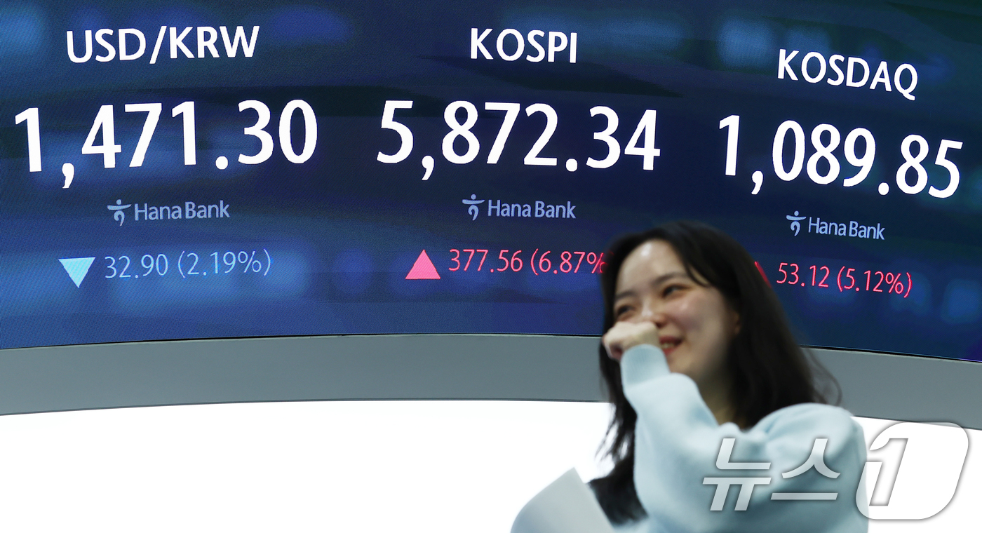 (서울=뉴스1) 김민지 기자 = 미국과 이란의 2주간 휴전 소식에 코스피가 상승 마감한 8일 오후 서울 중구 하나은행 본점 딜링룸 전광판에 종가가 나오고 있다.이날 코스피는 전 거 …