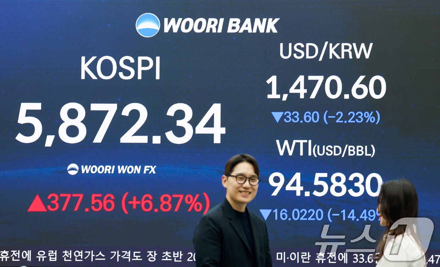 본문 이미지 - 미국과 이란이 2주간 휴전에 합의하면서 코스피 지수가 7% 가까이 상승 마감한 8일 오후 서울 중구 우리은행 본점 딜링룸.  2026.4.8 ⓒ 뉴스1 안은나 기자