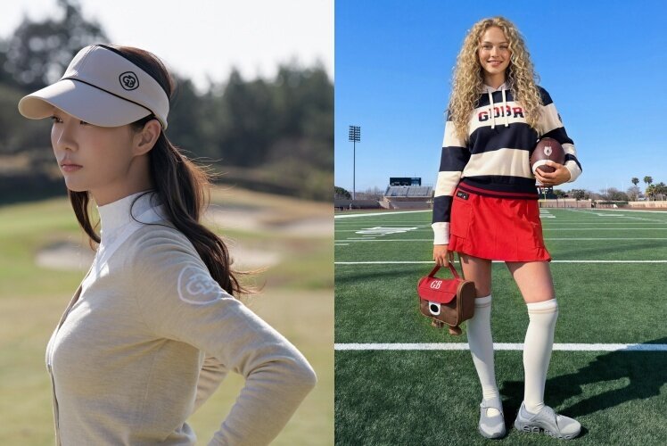 본문 이미지 - 빈폴골프(왼쪽)와 골든베어 26 SS시즌 화보(삼성물산 패션, 코오롱FnC 제공)