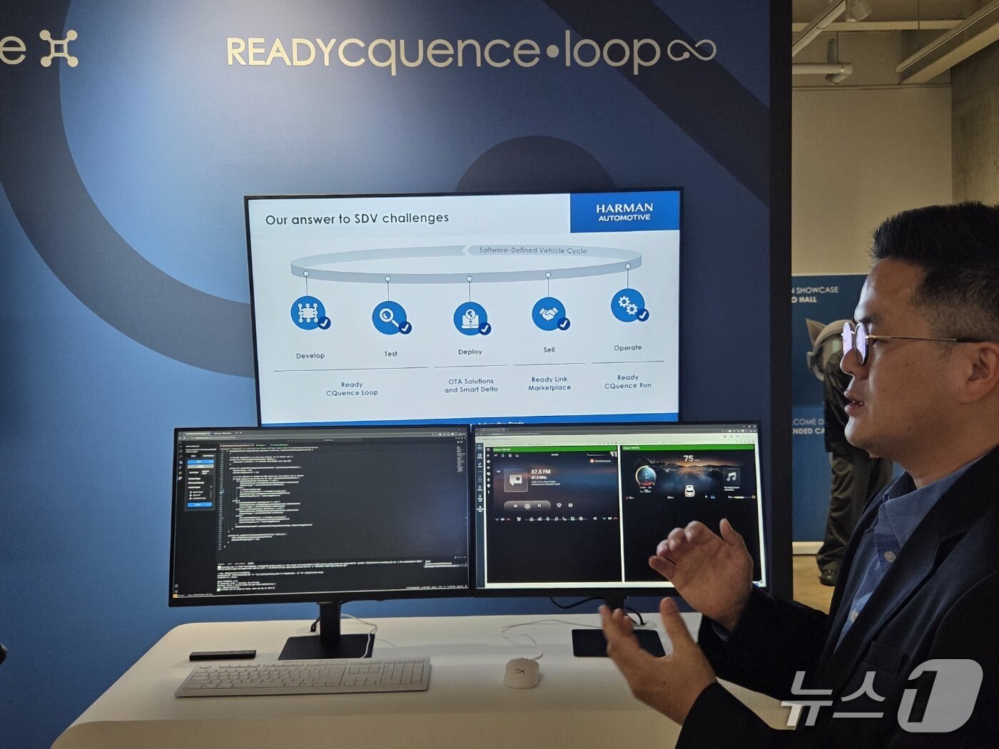 본문 이미지 - 삼성전자·하만 관계자가 차량 앱스토어 개발자를 위한 '하만 레디 시퀀스 루프'를 소개하고 있다.2026. 4. 8/뉴스1 황진중 기자