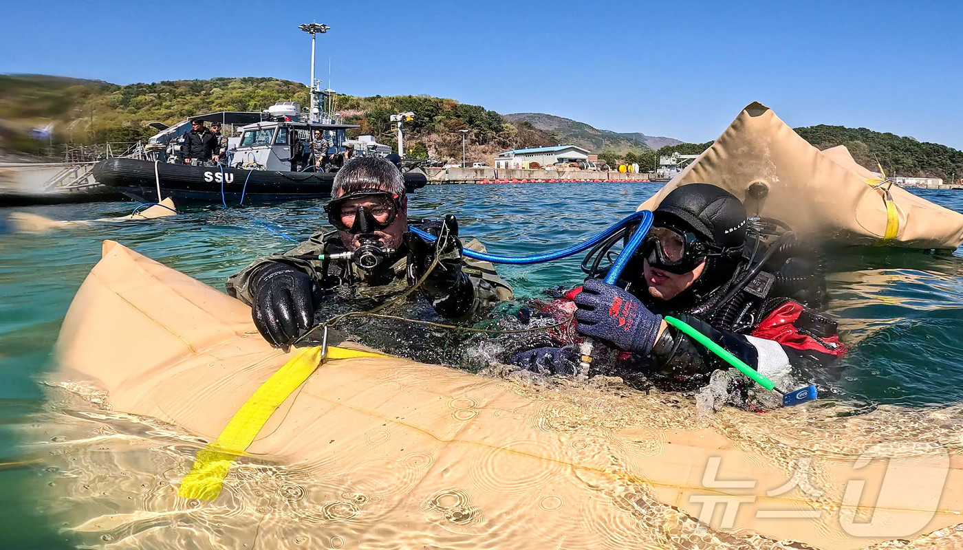 (서울=뉴스1) = 8일 경남 진해만 일대에서 진행된 연합 구조전 훈련에서 한국·호주 해군 잠수사들이 모의 침몰 선박 인양을 위해 리프팅백에 공기를 주입하고 있다. (해군 제공. …
