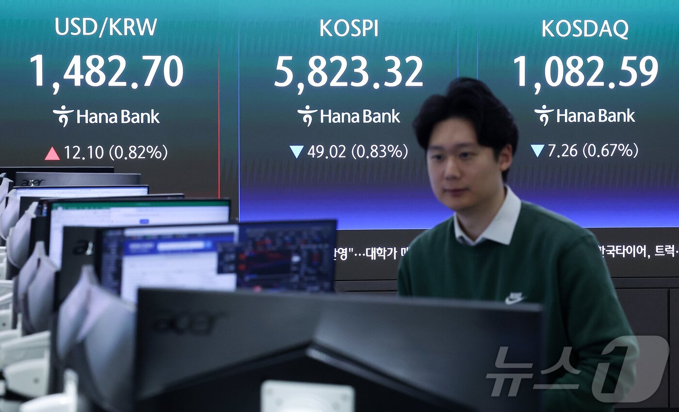 본문 이미지 - 9일 오전 서울 중구 하나은행 본점 딜링룸에 개장 시황이 나오고 있다.  2026.4.9 ⓒ 뉴스1 김성진 기자