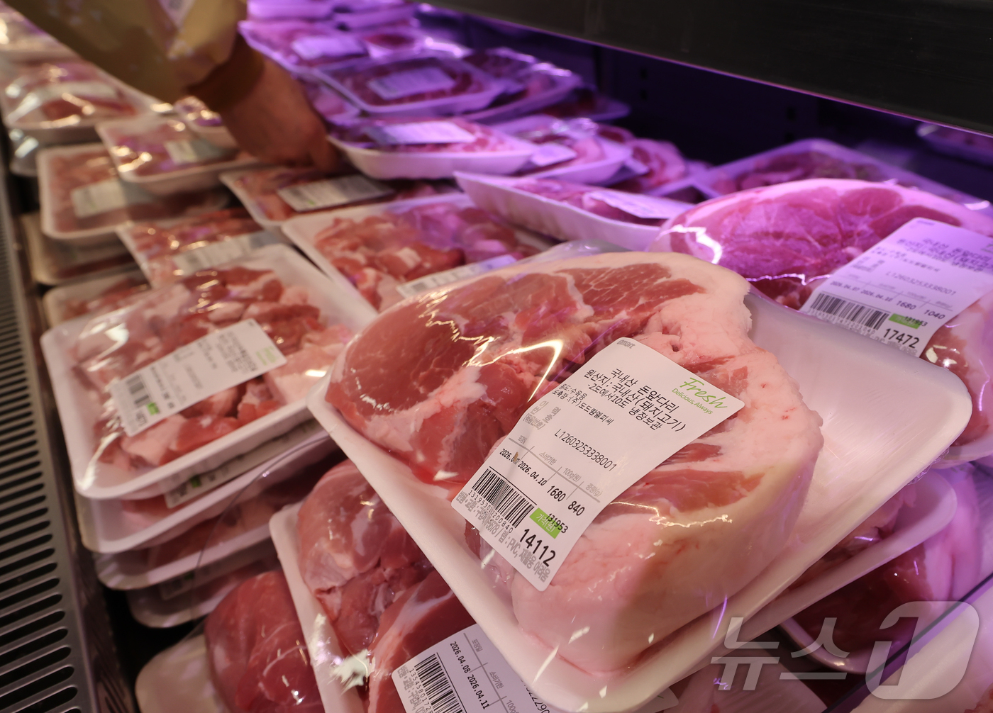 (서울=뉴스1) 이종수 인턴기자 = 9일 서울 시내 한 대형마트에 돼지고기가 진열돼 있다. 농림축산식품부는 육가공업계와 협의해 이달 중 돼지고기 공급가격을 인하해 삼겹살과 목살 등 …