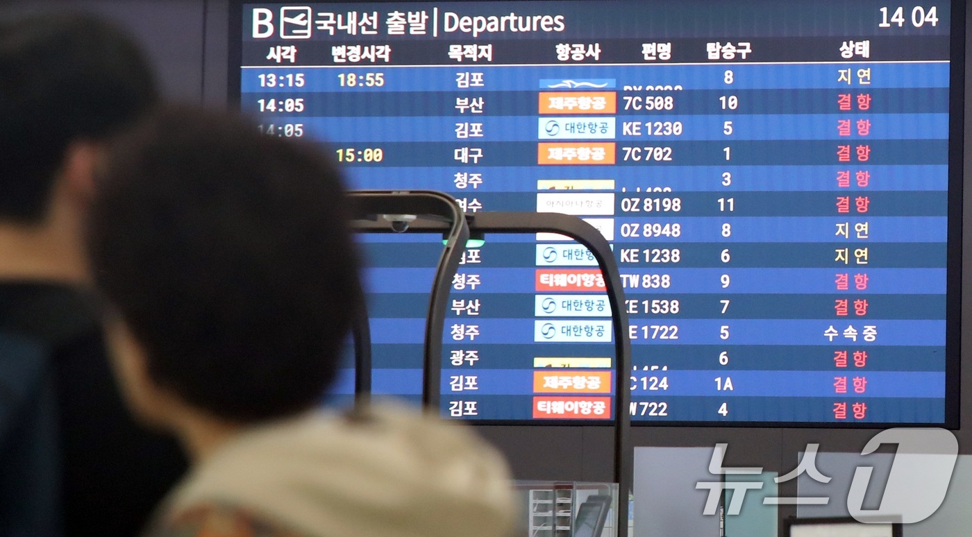 (제주=뉴스1) 고동명 기자 = 9일 오후 제주에 강한 비바람이 몰아치는 가운데 제주국제공항에 결항이 속출하고 있다. 한국공항공사 제주공항에 따르면 이날 오후 2시 기준 출도착 포 …