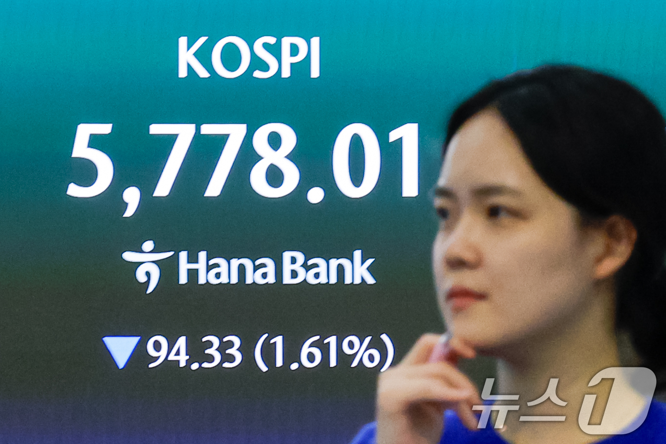 (서울=뉴스1) 안은나 기자 = 외국인 매도세에 코스피가 하락 마감한 9일 오후 서울 중구 하나은행 본점 딜링룸 전광판에 종가가 나오고 있다.코스피는 전일 종가와 비교해 94.33 …