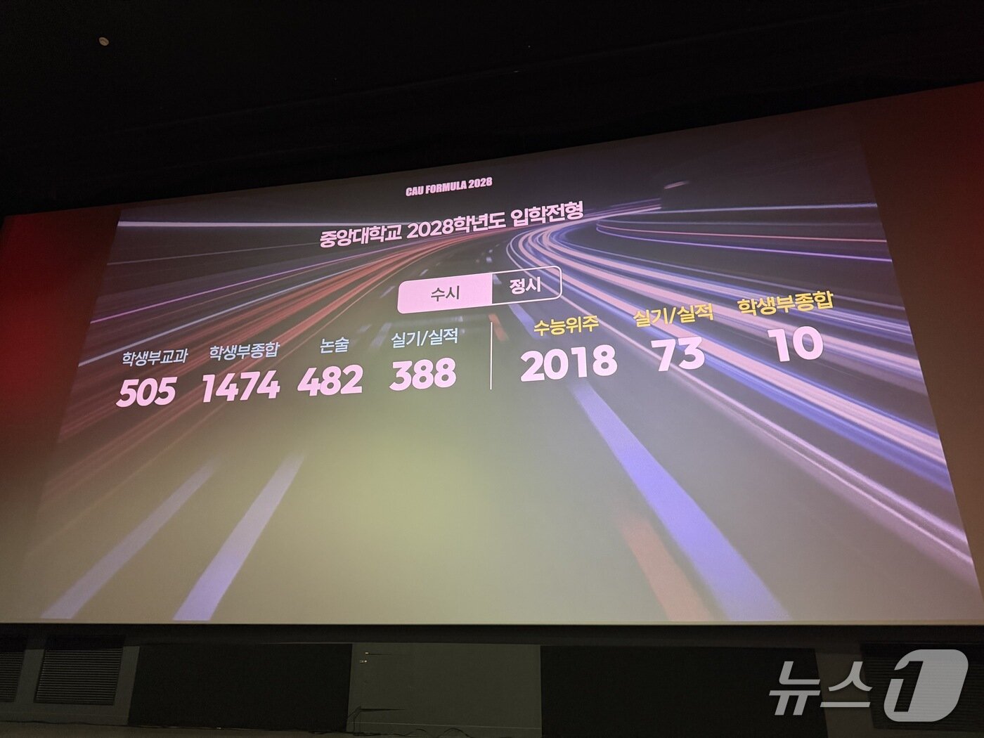 본문 이미지 - 중앙대가 9일 오후 서울 롯데시네마 월드타워에서 입학설명회 'CAU FORMULA 2028: UNVEILING'을 열고 2028학년도 입학전형 시행계획을 발표했다./뉴스1 ⓒ News1 조수빈 기자