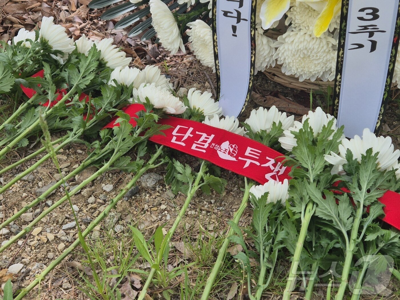 본문 이미지 - 민주노총 강원건설지부 간부 고(故) 양회동 씨 사망 3주기를 하루 앞둔 1일 강원지역 노동·시민단체가 양 씨가 분신한 강원 강릉시 난곡동 춘천지법 강릉지원 내 화단에서 헌화하며 고인을 추모하고 있다. 양 씨는 노동절이었던 2023년 5월 1일 오전 구속 전 피의자 심문을 앞두고 자신에 몸에 화학성 물질을 끼얹고 분신, 이튿날인 2일 오후 서울 소재 병원에서 치료 중 숨졌다. 2026.5.1 ⓒ 뉴스1 윤왕근 기자