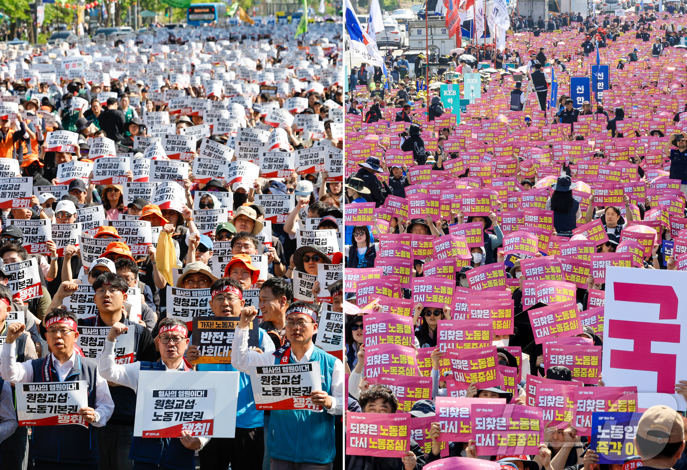 (서울=뉴스1) 안은나 이호윤 기자 = 전국민주노동조합총연맹(민주노총, 왼쪽 사진)과 한국노동조합총연맹(한국노총) 조합원들이 1일 오후 서울 종로구 광화문광장과 여의도에서 2026 …