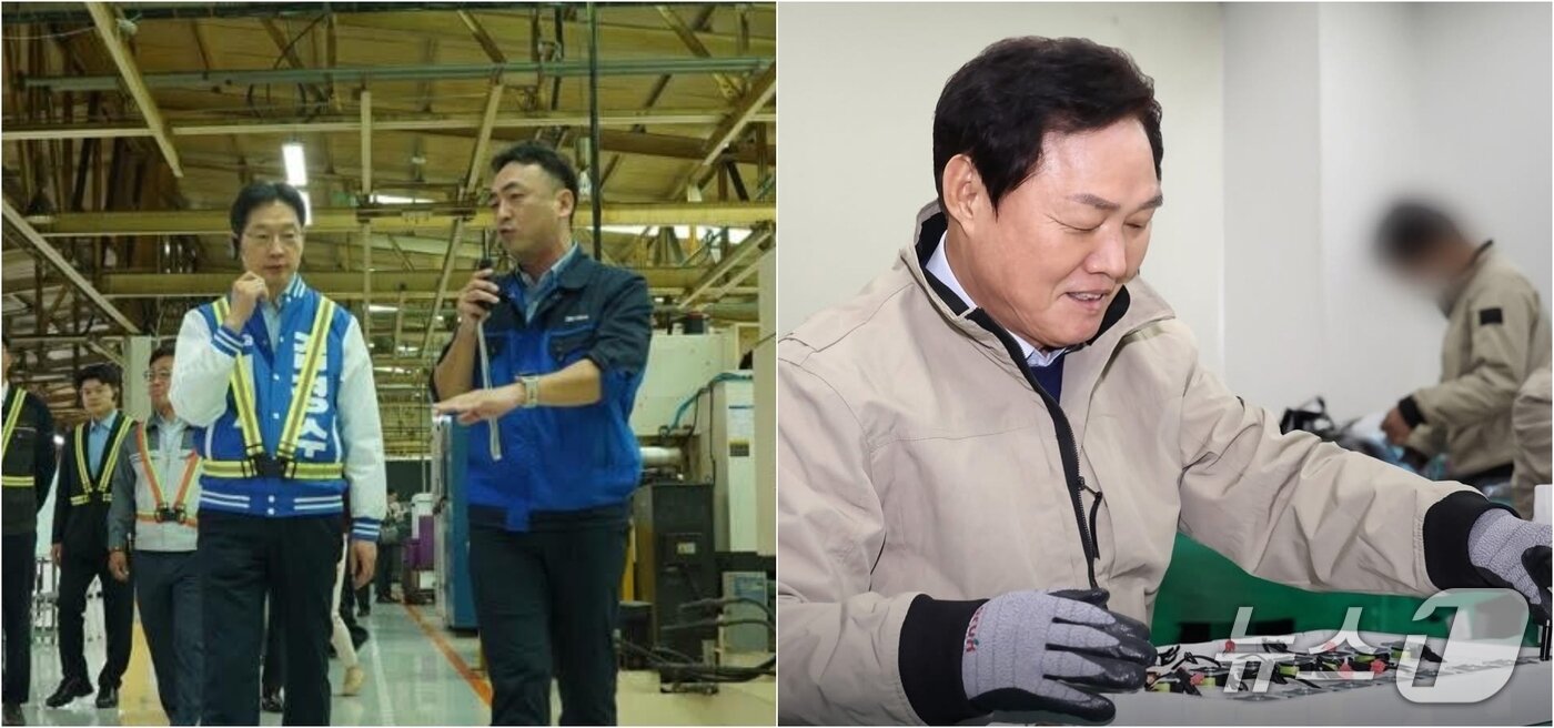 본문 이미지 - 1일 김경수 민주당 경남도지사 후보는 창원산단을 찾았다. 박완수 국민의힘 후보는 자산이 노동자 출신임을 강조하며 사진 한 장을 올렸다. (각 후보 SNS 캡처. 재판매 및 DB금지)