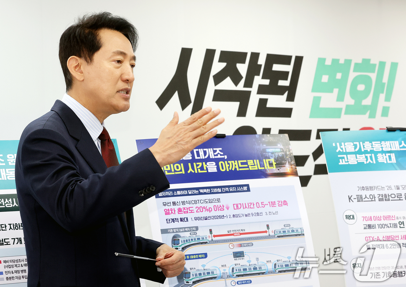 (서울=뉴스1) 조연우 인턴기자 = 오세훈 국민의힘 서울시장 후보가 10일 오전 서울 종로구 선거사무소에서 진행된 ‘서울 교통 대전환’ 공약 발표 기자회견에서 교통분야 공약을 설명 …