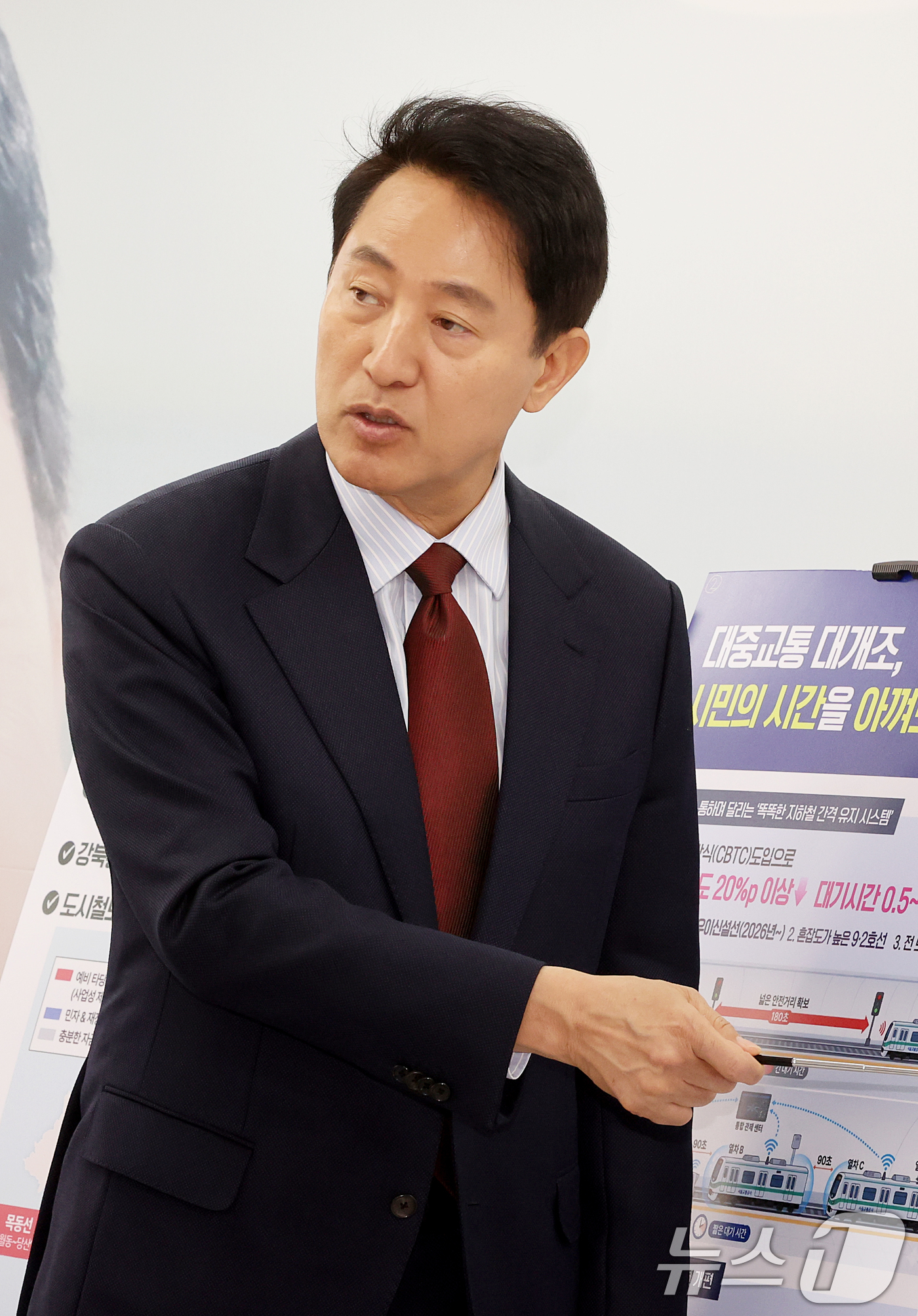 (서울=뉴스1) 조연우 인턴기자 = 오세훈 국민의힘 서울시장 후보가 10일 오전 서울 종로구 선거사무소에서 진행된 ‘서울 교통 대전환’ 공약 발표 기자회견에서 교통분야 공약을 설명 …