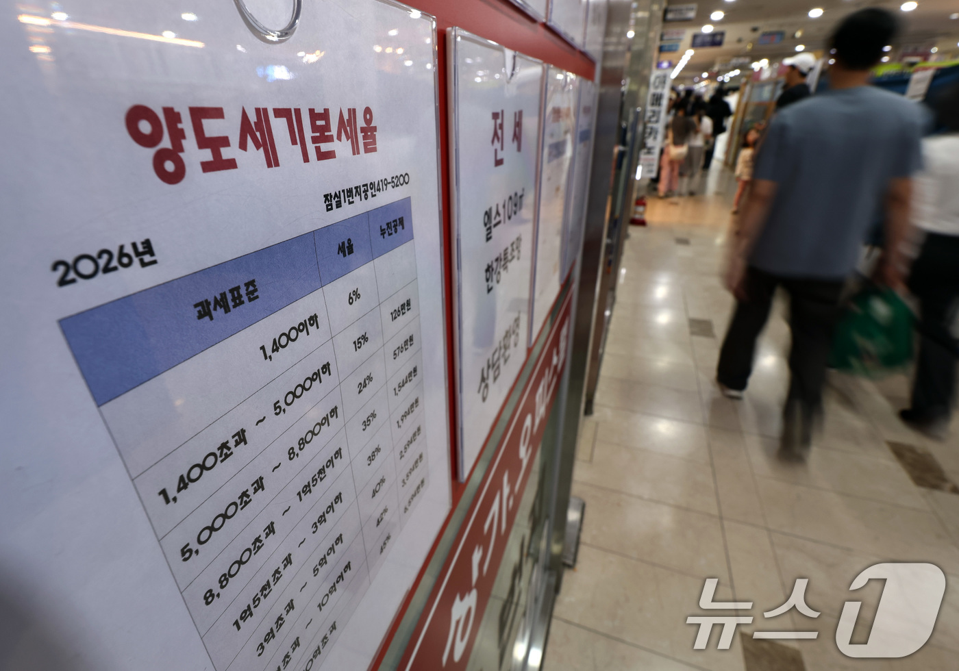 (서울=뉴스1) 구윤성 기자 = 양도세 중과 유예조치가 끝나고 다주택자에 대한 중과세가 다시 적용되기 시작한 10일 서울 송파구의 한 부동산 중계업소에 기본세율을 정리한 표가 붙어 …
