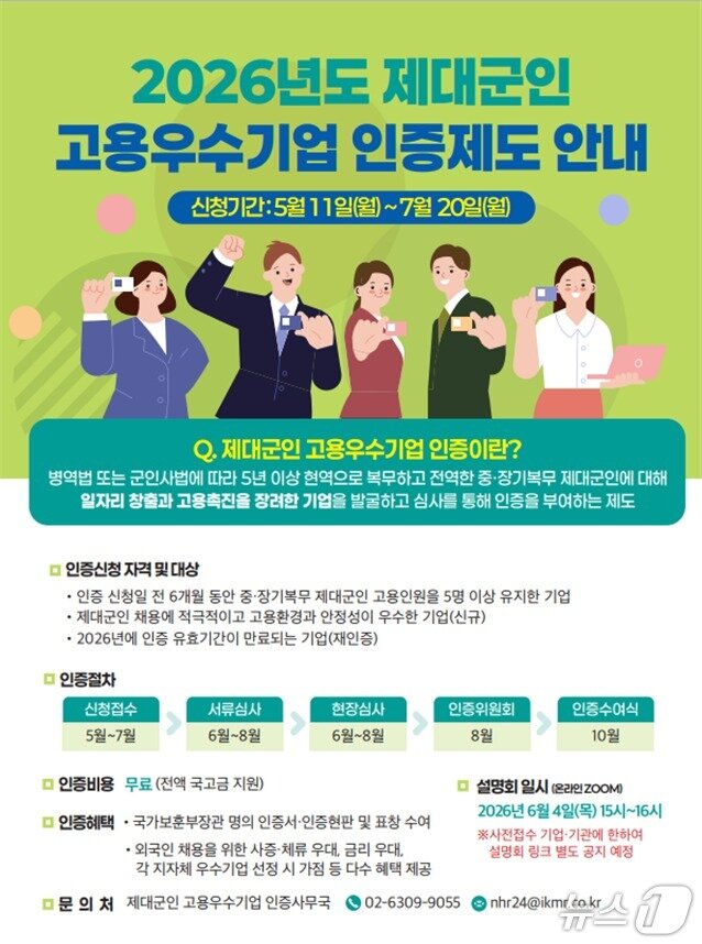 본문 이미지 - 2026 제대군인 고용우수기업 인증제도 홍보 포스터. 2026.5.11./ⓒ 뉴스1(국가보훈부 제공)