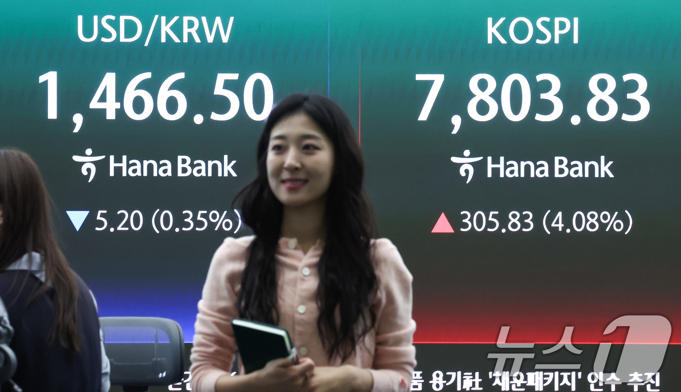 (서울=뉴스1) 임지훈 인턴기자 = 코스피가 개장 직후 7800선을 넘어 사상 최고치를 기록한 11일 오전 서울 중구 하나은행 본점 딜링룸 전광판에 코스피 지수 등이 표시되고 있다 …