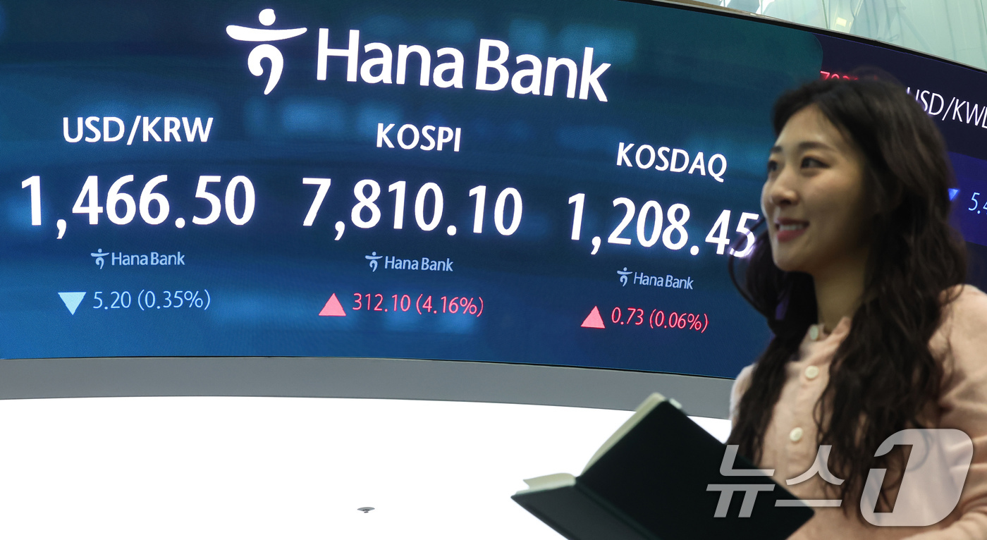 (서울=뉴스1) 임지훈 인턴기자 = 코스피가 개장 직후 7800선을 넘어 사상 최고치를 기록한 11일 오전 서울 중구 하나은행 본점 딜링룸 전광판에 코스피 지수 등이 표시되고 있다 …