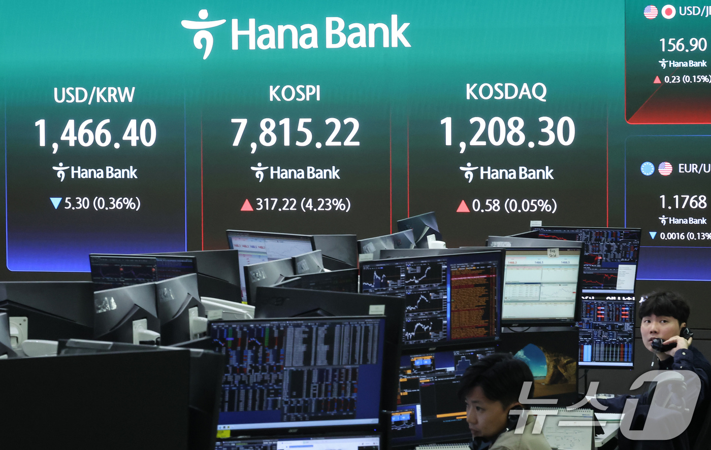 (서울=뉴스1) 임지훈 인턴기자 = 코스피가 개장 직후 7800선을 넘어 사상 최고치를 기록한 11일 오전 서울 중구 하나은행 본점 딜링룸 전광판에 코스피 지수 등이 표시되고 있다 …