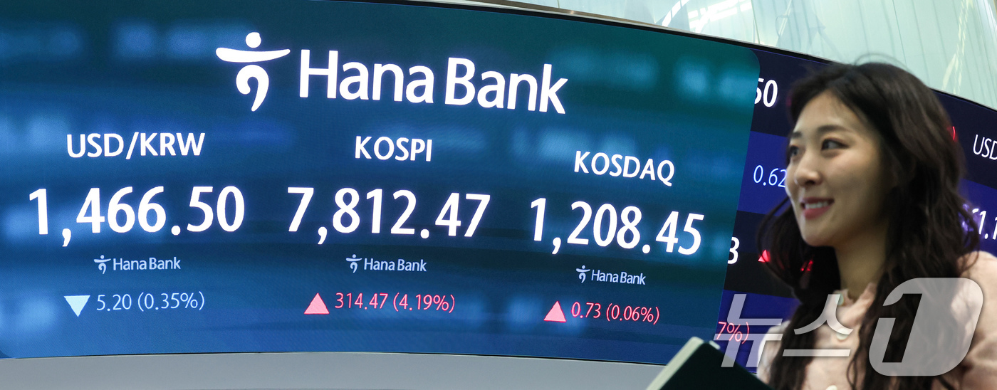 (서울=뉴스1) 임지훈 인턴기자 = 코스피가 개장 직후 7800선을 넘어 사상 최고치를 기록한 11일 오전 서울 중구 하나은행 본점 딜링룸 전광판에 코스피 지수 등이 표시되고 있다 …