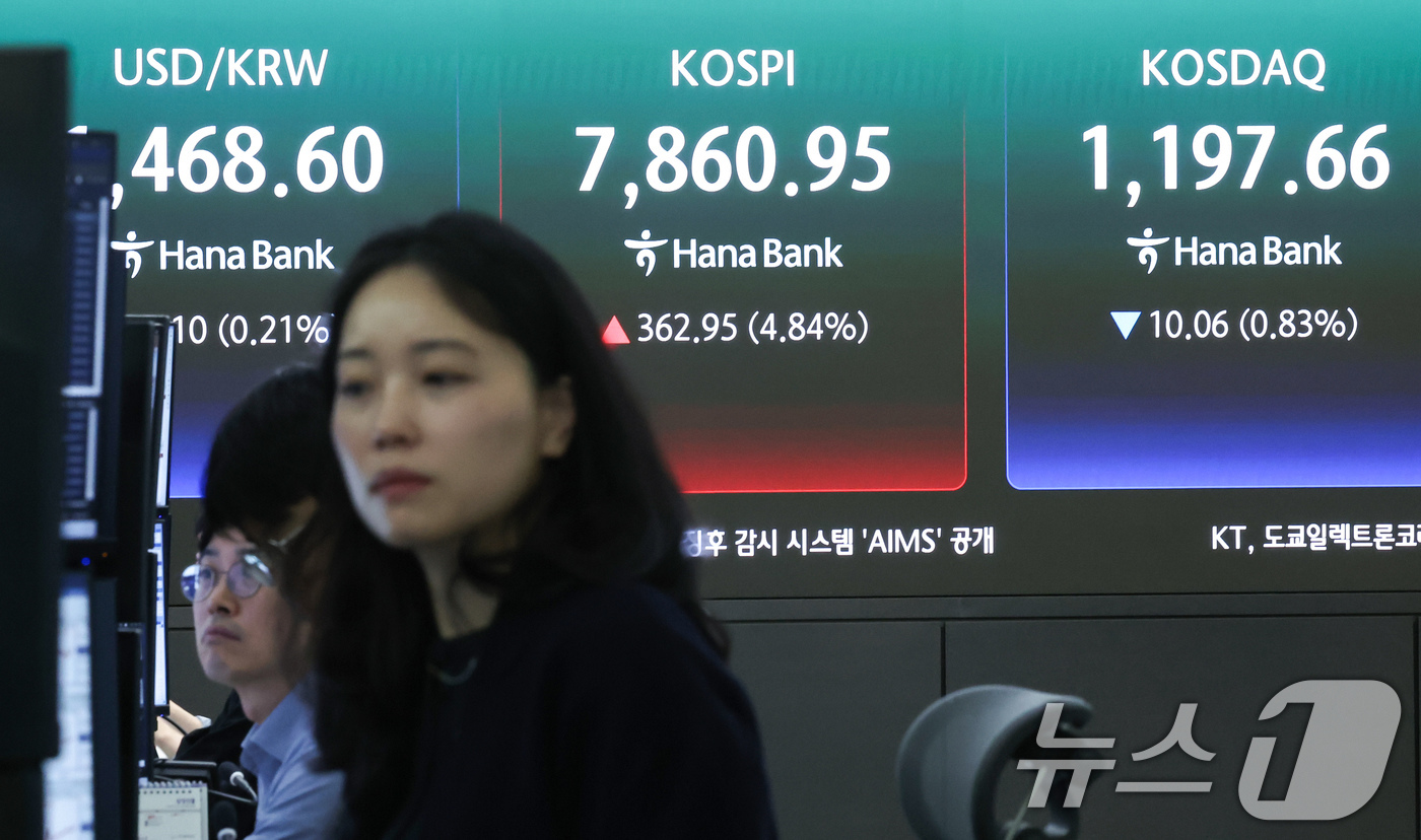 (서울=뉴스1) 임지훈 인턴기자 = 코스피가 장중 7860.95포인트를 돌파하며 매수 사이드카가 발동한 11일 오전 서울 중구 하나은행 본점 딜링룸 전광판에 코스피 지수 등이 표시 …