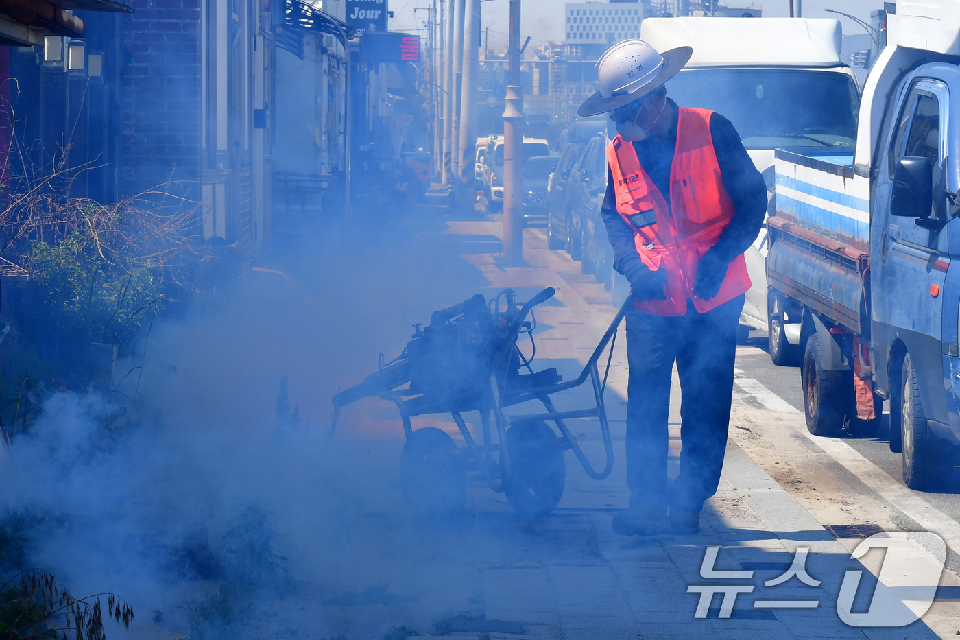 (포항=뉴스1) 최창호 기자 = 11일 경북 포항시 남·북구 보건소 방역팀이 송도해수욕장 해안길을 따라 연막 소독 작업을 하고 있다.  2026.5.11/뉴스1
