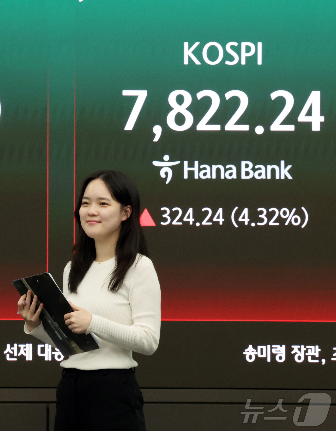 (서울=뉴스1) 김진환 기자 = 코스피가 사상 최고치를 경신 마감한 11일 오후 서울 중구 하나은행 딜링룸에 코스피 지수가 324.24포인트(4.32%) 상승한 7822.24를 나 …