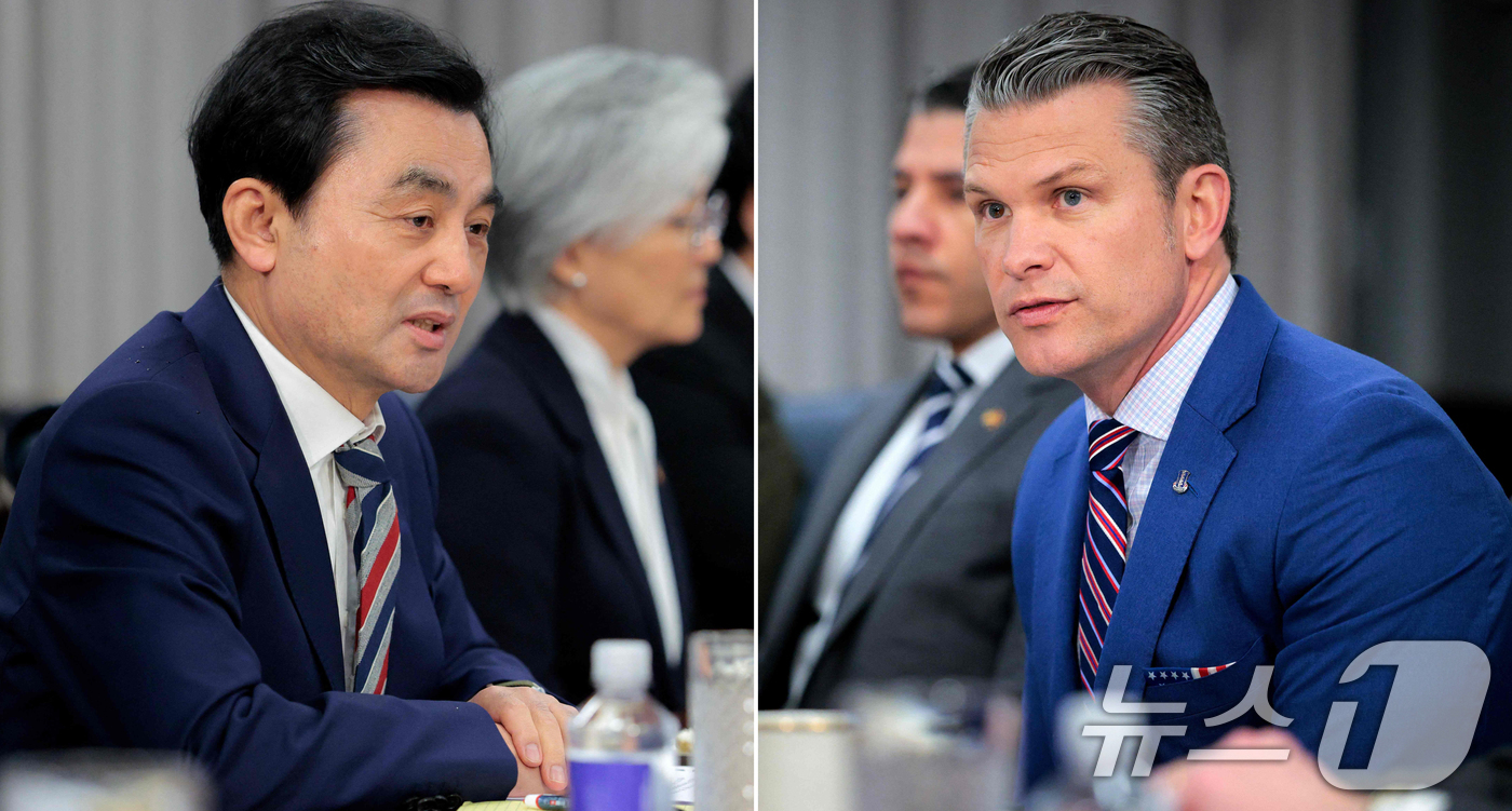 (AFP=뉴스1) 오대일 기자 = 안규백 국방부 장관과 피트 헤그세스 미국 국방부(전쟁부) 장관이 11일(현지시간) 미국 워싱턴 DC 펜타곤에서 열린 한미 국방장관 회담에서 각각 …