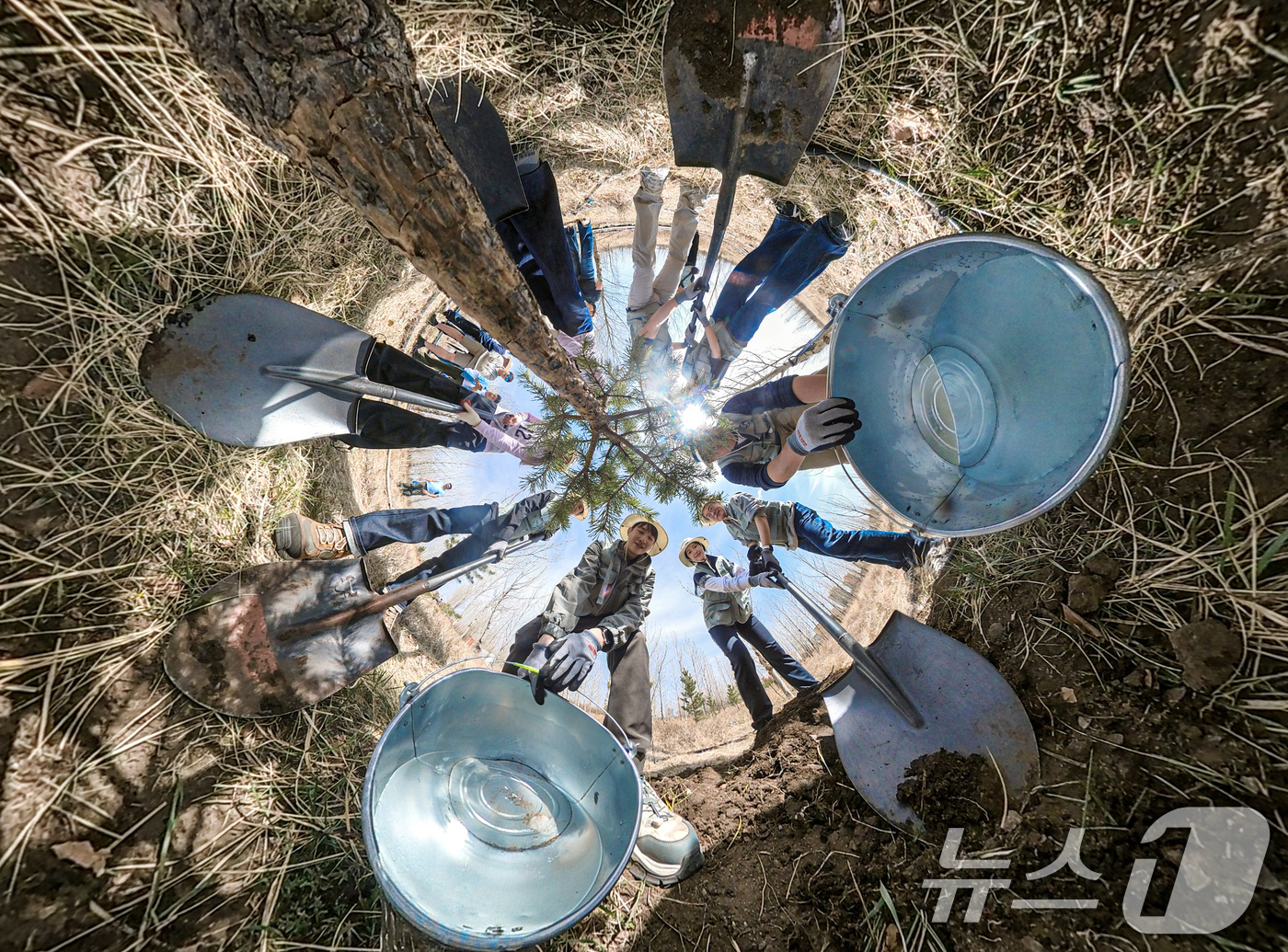 (바가노르(몽골)=뉴스1) 박지혜 기자 = 지상휘 대한항공 총무부 담당 상무와 임직원들이 12일 몽골 울란바타르시 바가노르구 ‘대한항공 숲’에서 식림 활동을 하고 있다.올해는 탄소 …