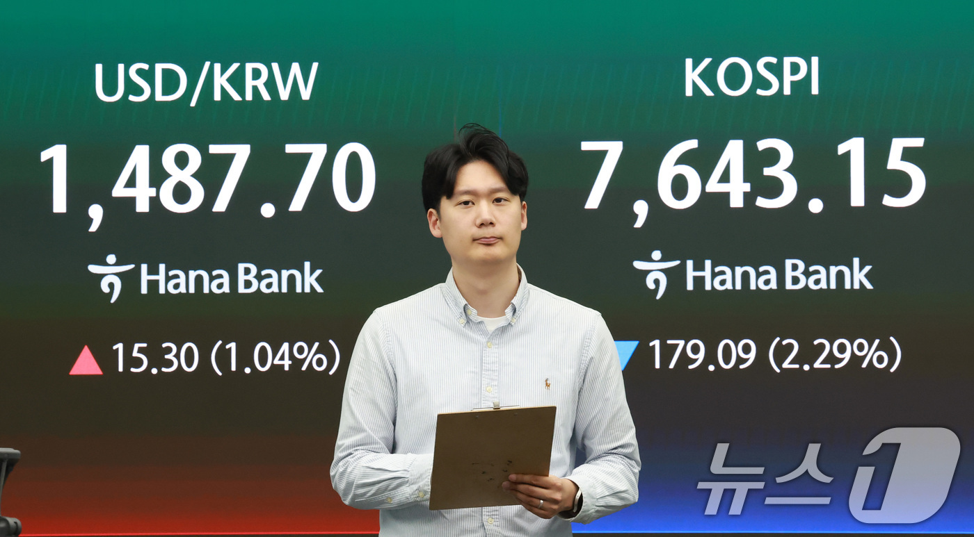 (서울=뉴스1) 임세영 기자 = 12일 오후 서울 중구 하나은행 본점 딜링룸 전광판에 코스피 지수 등 종가가 표시되고 있다.이날 코스피는 전 거래일 대비 179.09포인트(2.29 …