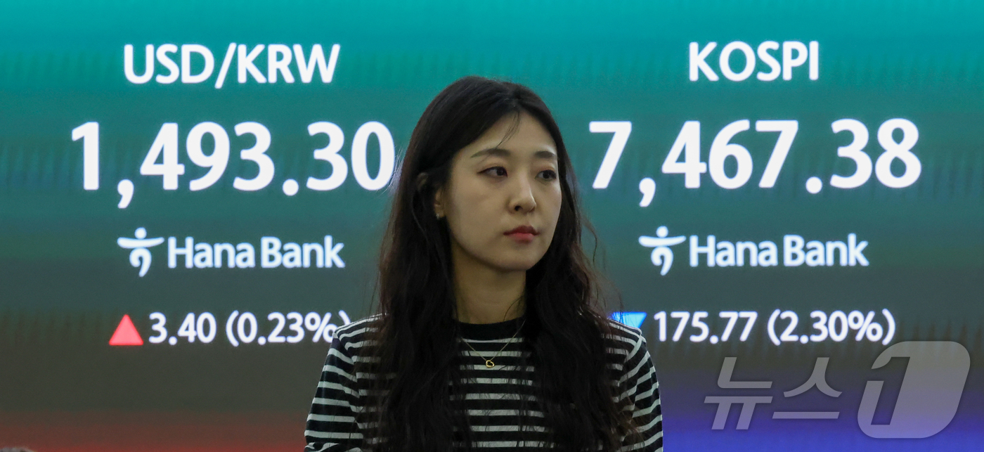 (서울=뉴스1) 이종수 인턴기자 = 코스피가 장 초반 7500선 아래로 밀린 13일 서울 중구 하나은행 딜링룸 전광판에 코스피와 원달러 환율이 표시돼 있다. 이날 코스피는 전 거래 …