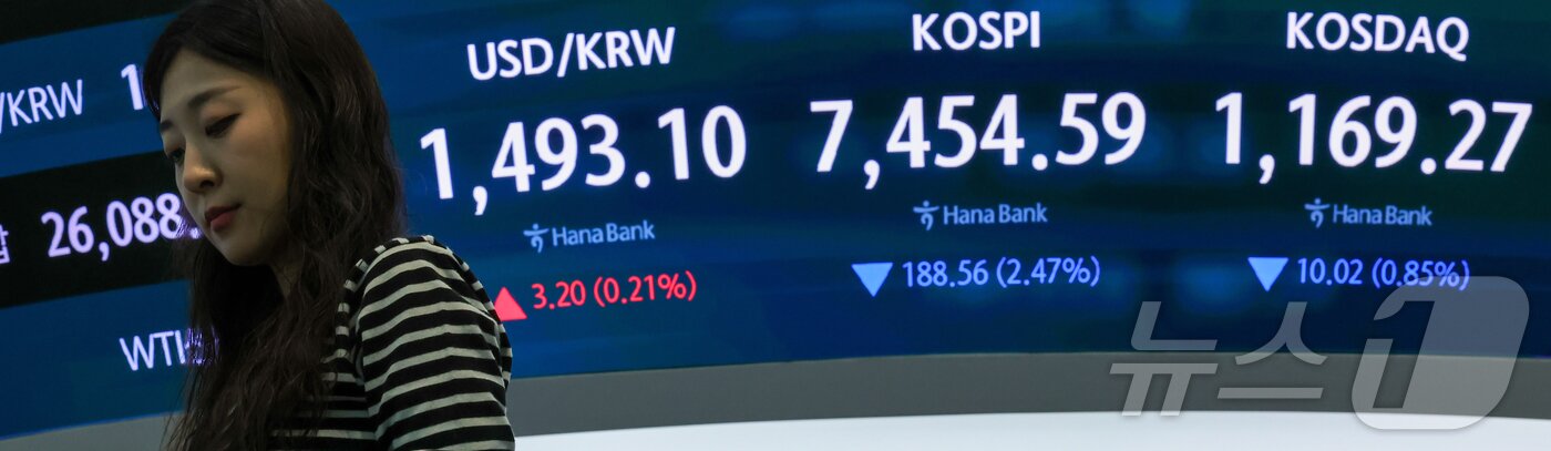 본문 이미지 - 코스피가 장 초반 7500선 아래로 밀린 13일 서울 중구 하나은행 딜링룸 전광판에 코스피와 코스닥 지수, 원·달러 환율이 표시돼 있다.  2026.5.13 ⓒ 뉴스1 이종수 인턴기자