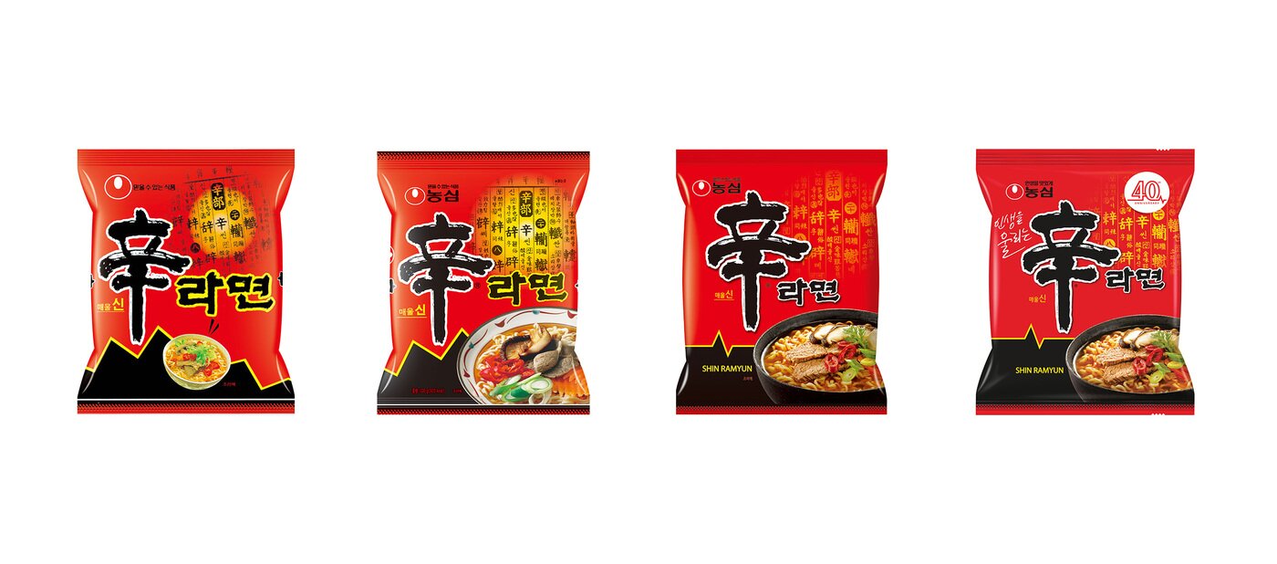 본문 이미지 - 신라면 출시 이후 연도별 제품 이미지 (1986·1992·2014·2026년).(농심 제공)