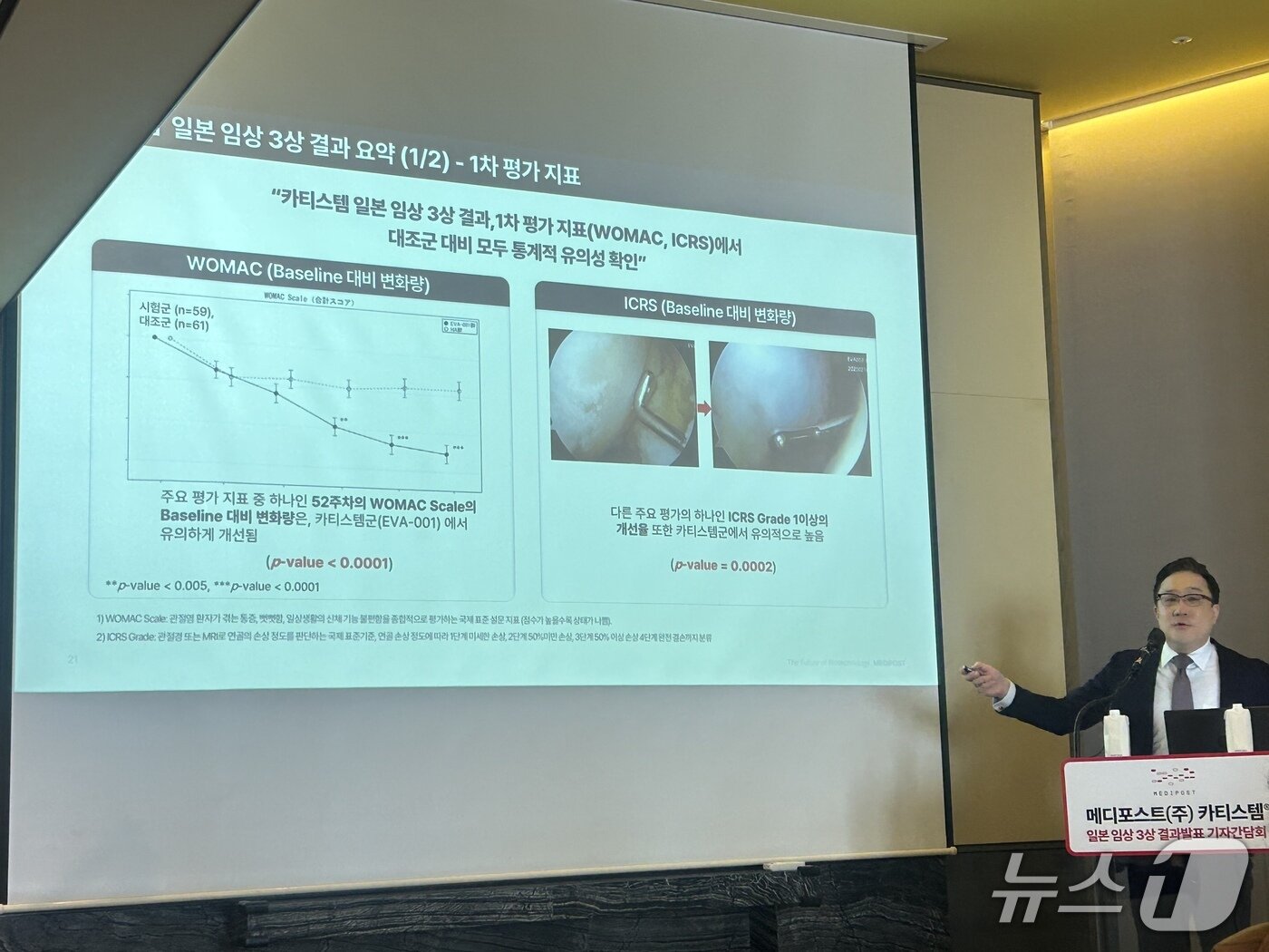 본문 이미지 - 이승진 메디포스트 글로벌사업본부장 겸 일본법인 대표가 13일 서울 종로구 포시즌스호텔에서 열린 카티스템 일본 임상 3상 결과발표 기자간담회에서 발표하고 있다. 2026.5.13 ⓒ 뉴스1 문대현 기자
