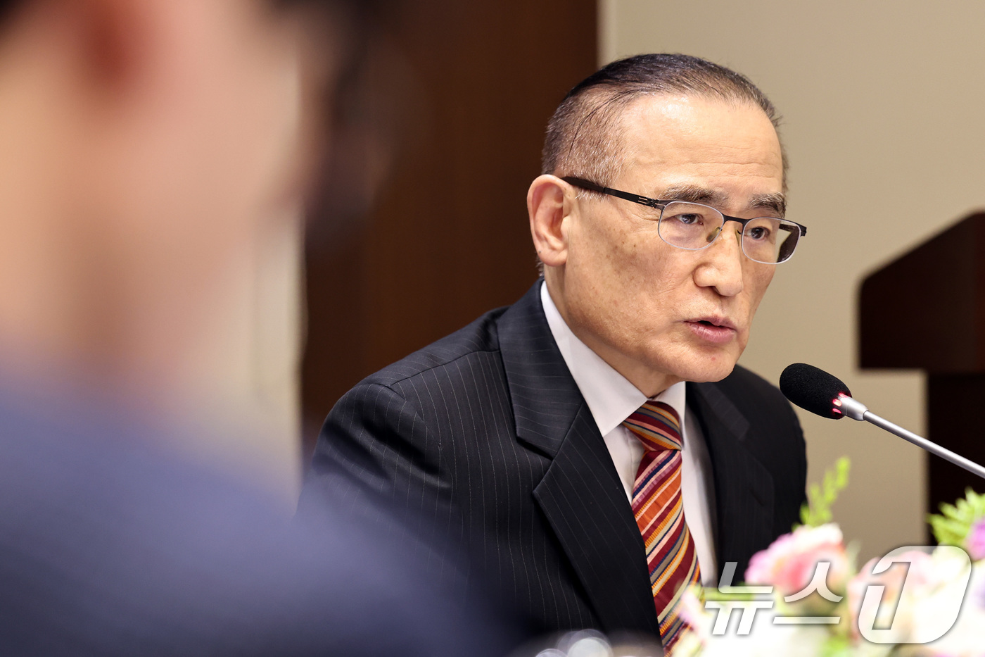 (서울=뉴스1) 구윤성 기자 = 위성락 국가안보실장이 13일 오후 서울 중구 한국프레스센터에서 열린 한국신문방송편집인협회 초청 간담회에서 발언하고 있다.  2026.5.13/뉴스1 …