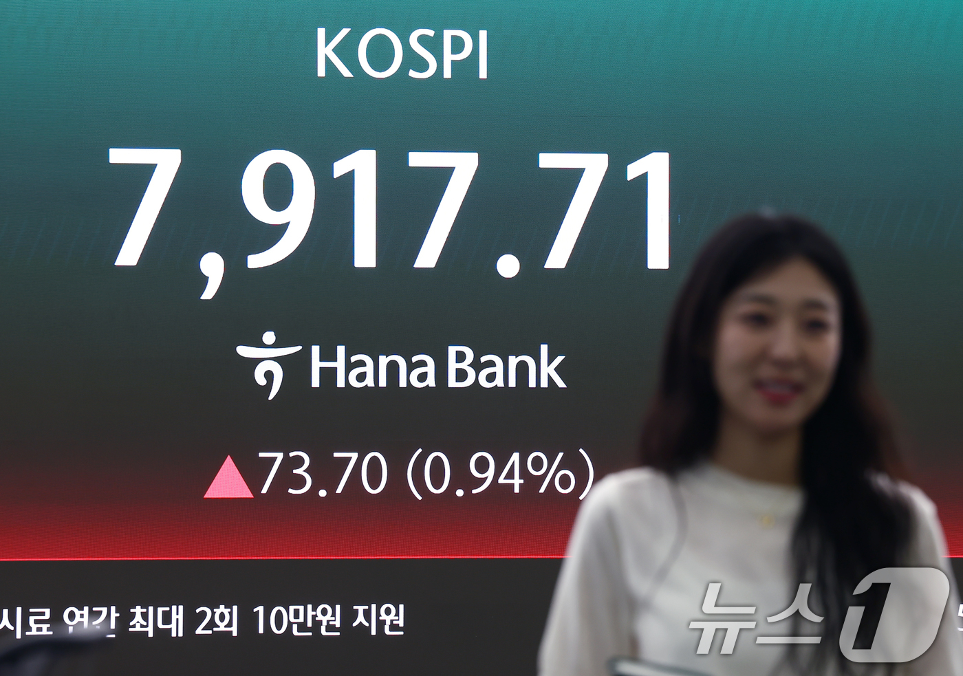 (서울=뉴스1) 김민지 기자 = 14일 오전 서울 중구 하나은행 본점 딜링룸 전광판에 코스피 지수 등이 나오고 있다.이날 코스피는 전 거래일(7844.01)보다 29.90포인트(0 …